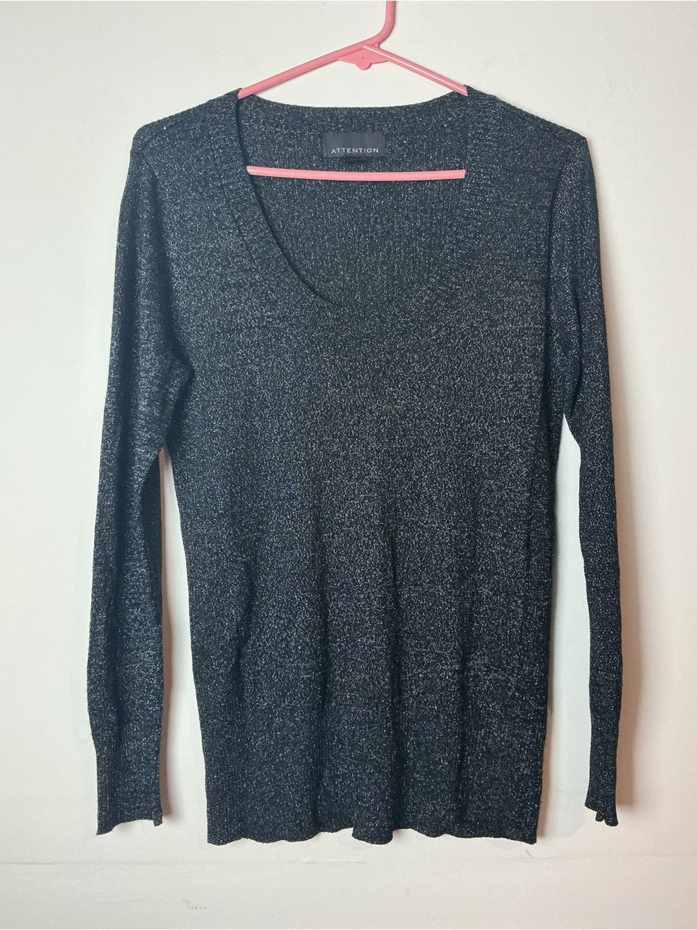 Attention Women’s Metallic Shimmer Knit V-Neck Sweater Size L Black Silver Party